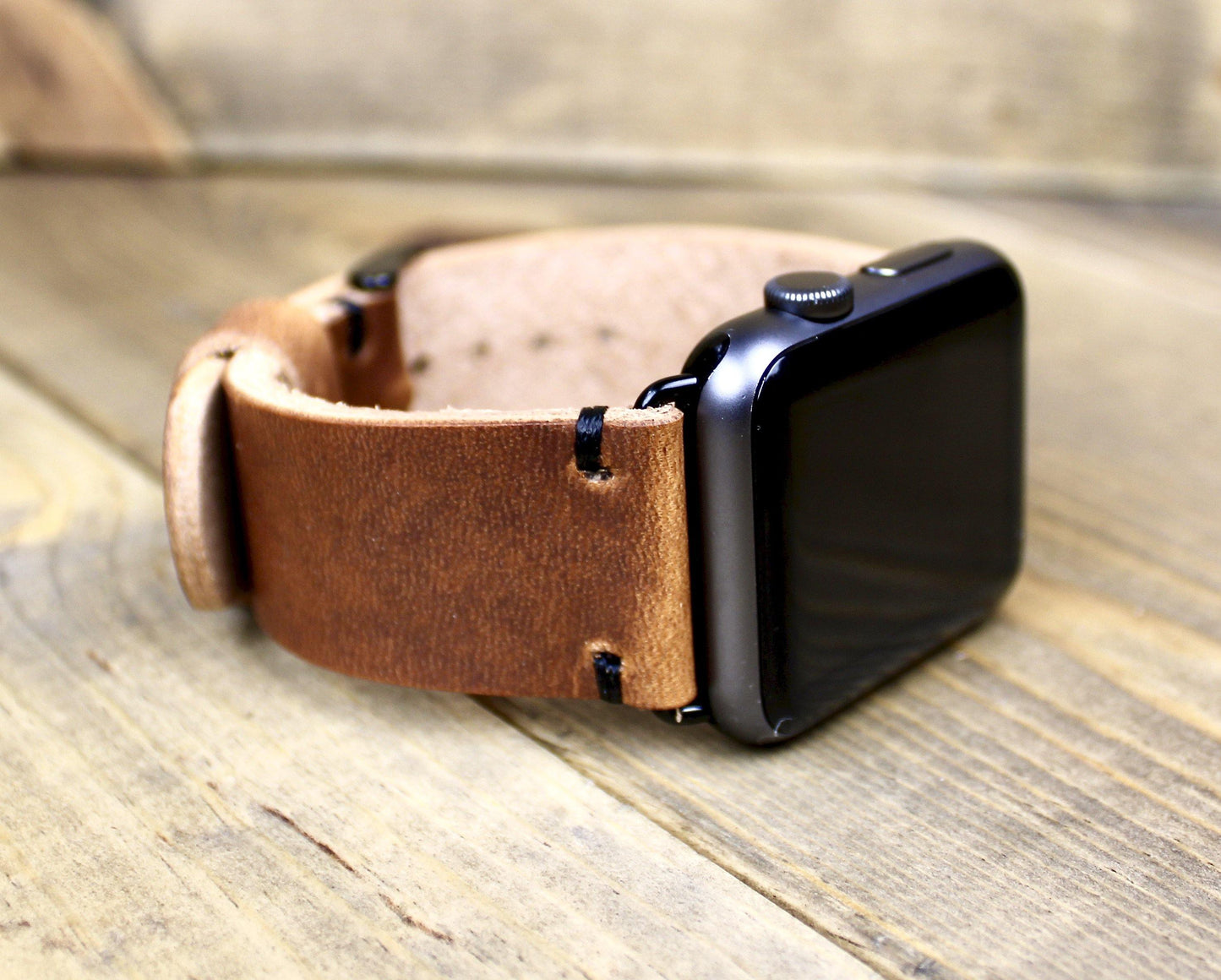English Tan Leather Apple Watch Band with Black Adapters and Black Thread - Burgundy Leather Apple Watch Band. Handmade Leather Apple Watch Strap. 38mm, 40mm, 41mm, 42mm. 44mm, 45mm leather Apple Watch band. Leather watch band for women or men. 3rd anniversary leather gift. Leather Accessory for Men. Leather gift for men or women. Leather watch strap for husband.