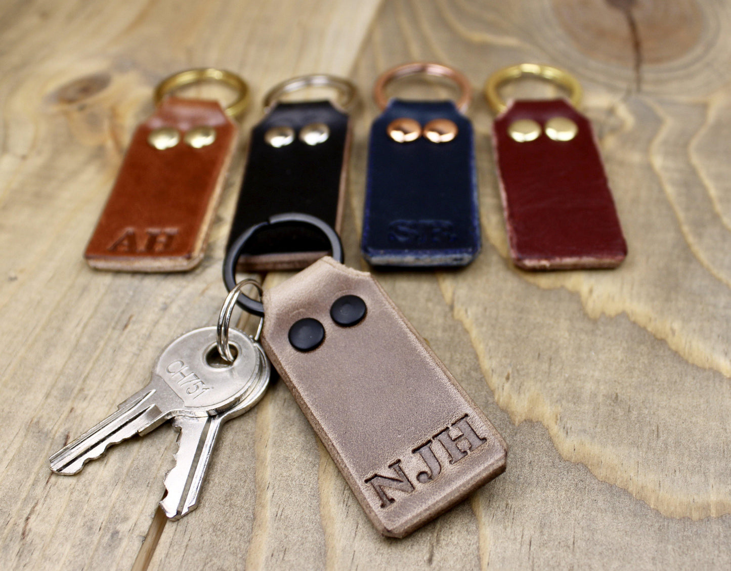 Handmade Initials Leather Keychain made with Rivets and Keyring