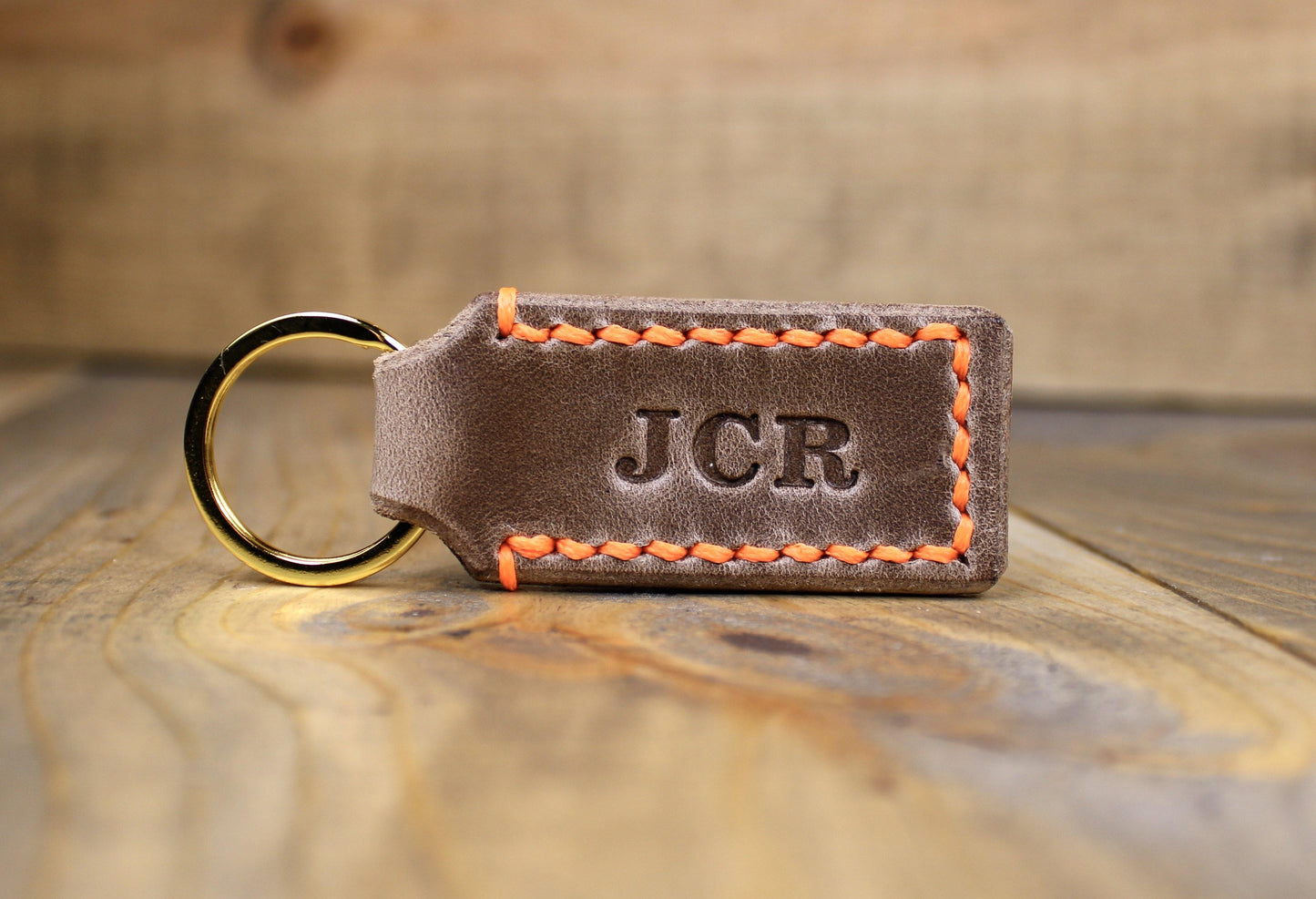 Brown Keychain with Gold Keyring and Orange Thread