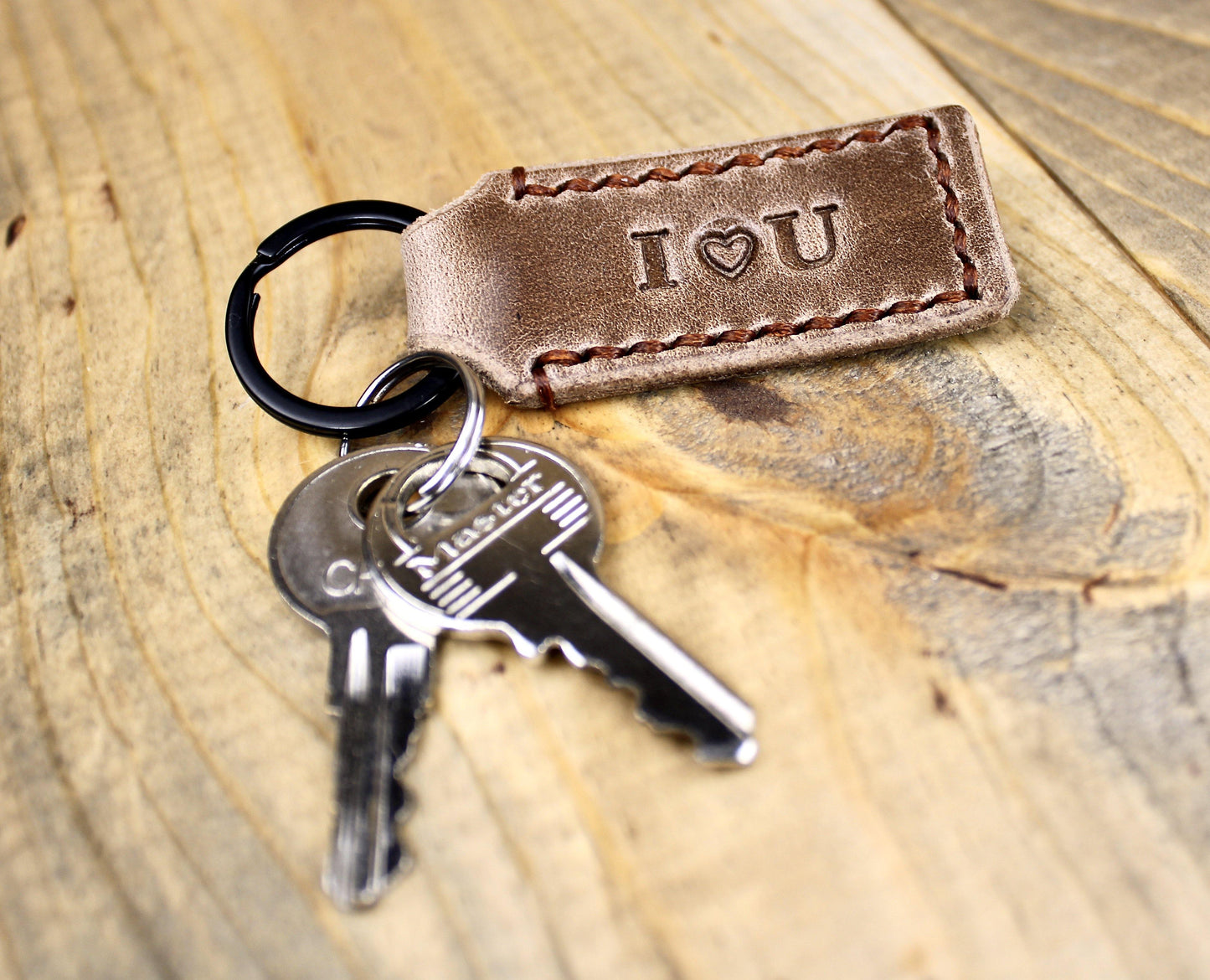 Brown Leather Keychain with Brown Stitching and Black Keyring