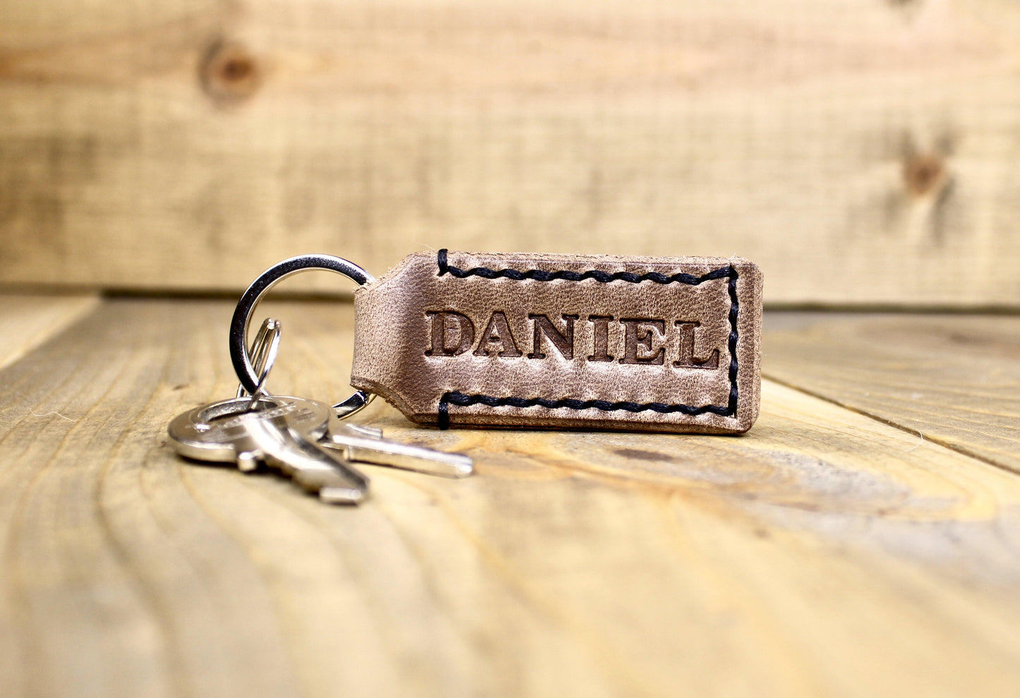 Personalized Brown Leather Keychain with Black Stitching and Silver Keyring