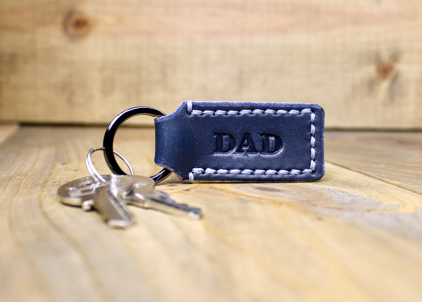 Personalized Navy Blue Leather Keychain hand stitched with Gray Thread and Space Gray Keyring