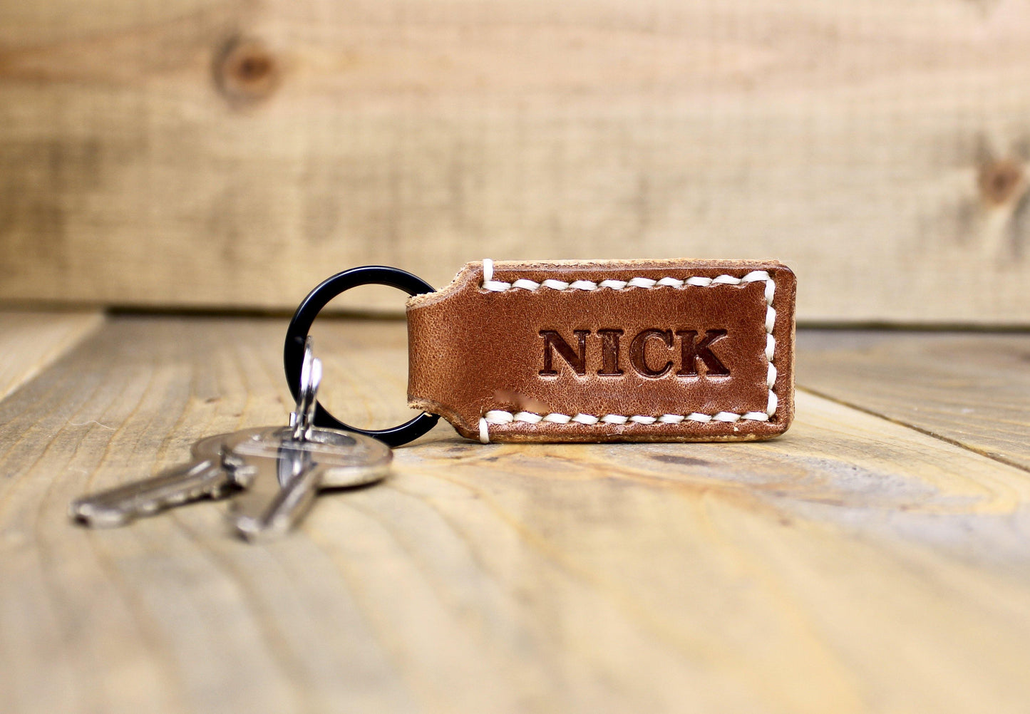Personalized Buck Brown Keychain with Black Key ring and Cream Stitching