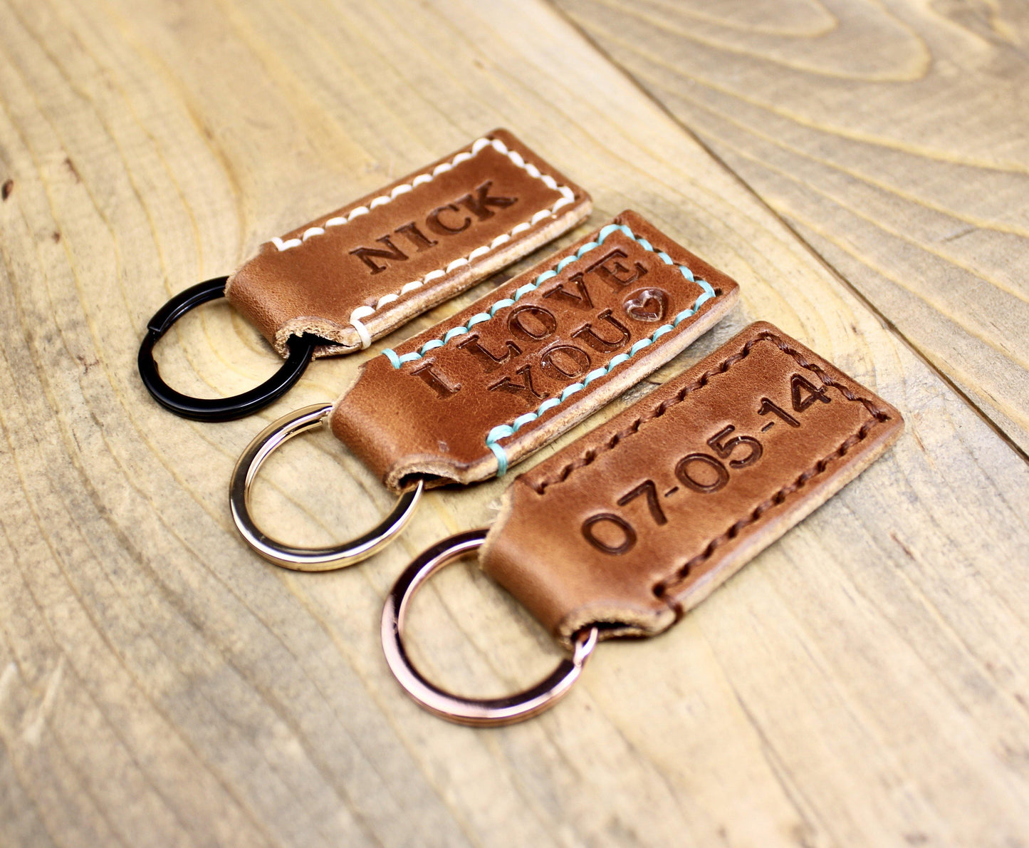 Buck Brown leather keychains with 3 different keyrings and 3 different thread choices.