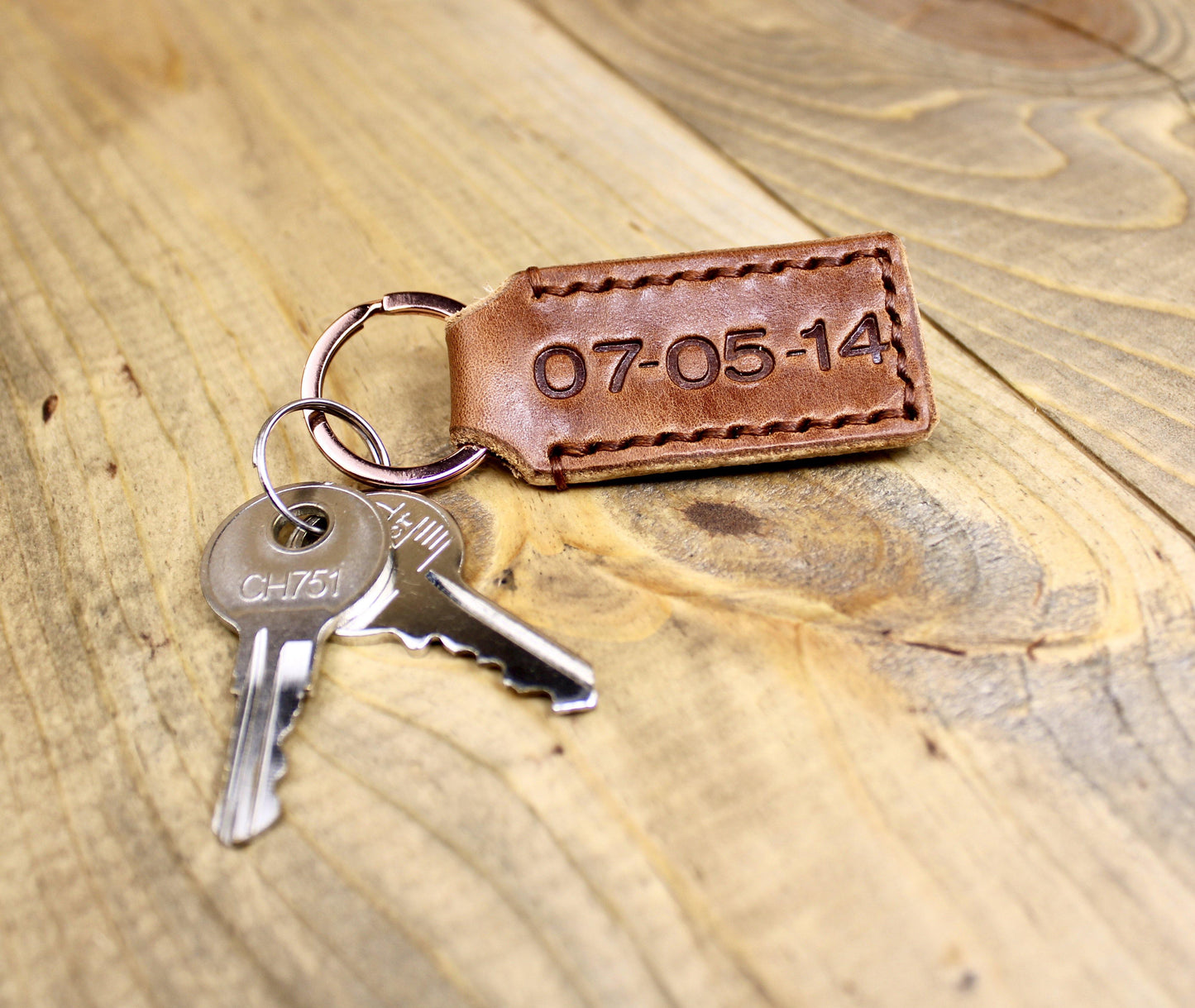 Personalized Buck Brown Leather Keychain with Rose Gold Keyring and Brown Stitching