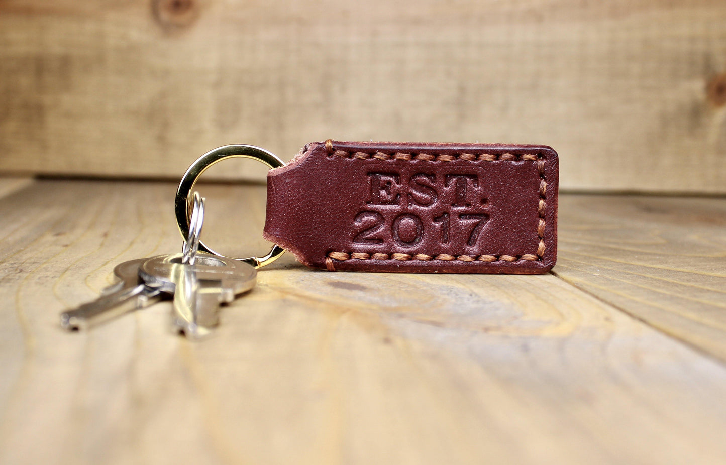 Double Lined Keychain with Letters and Numbers. Gold Keyring and Brown Thread