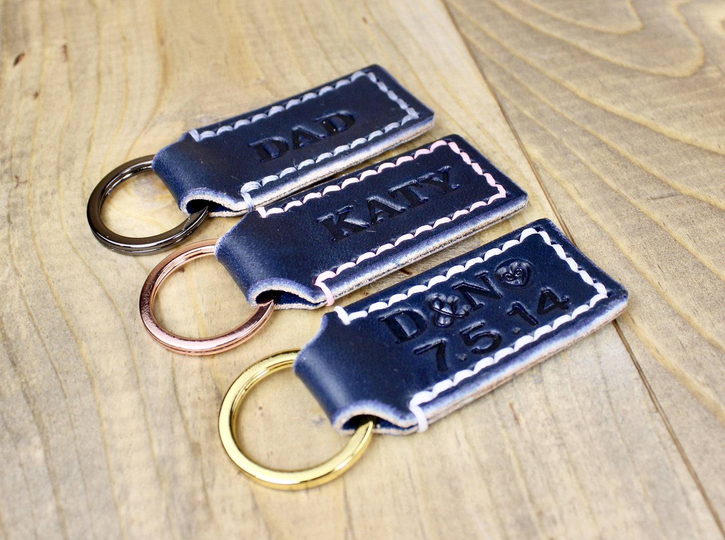 3 Different Navy Blue Leather Keychains