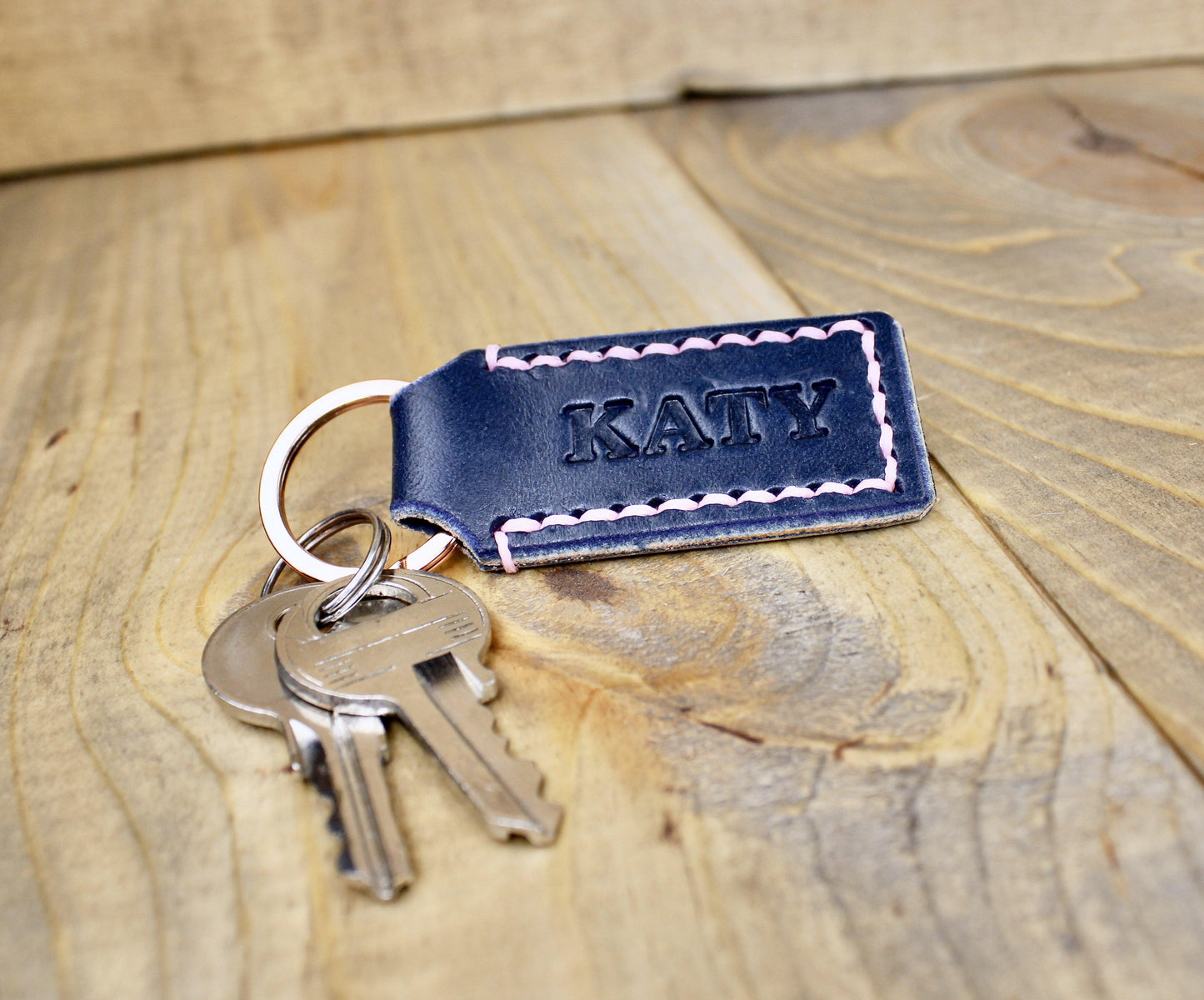 Personalized Navy Blue Leather Keychain hand stitched with Pink Thread and Rose Gold Keyring