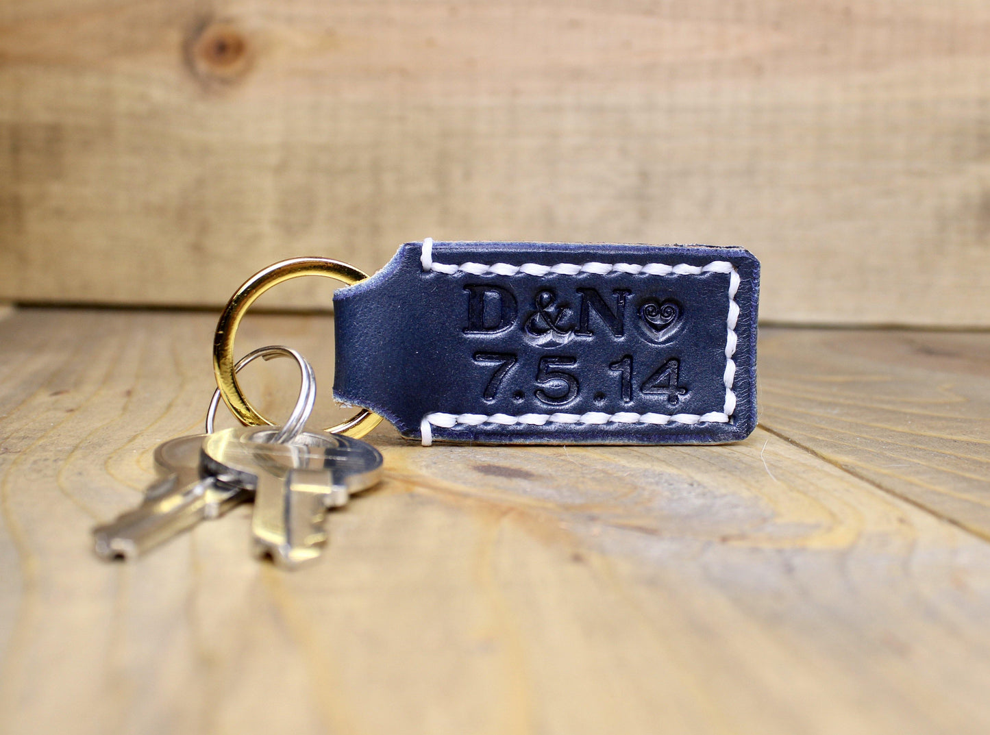 Personalized Navy Blue Leather Keyring Double Lined Stamped with White Thread and Gold Keyring