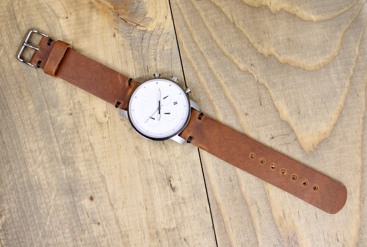 Top View of English Tan Leather Spring Bar Watch Band made by Designs By Harubin Burgundy Leather Watch Band. Spring Bar leather watch strap. handmade leather watch band. Wickett and Craig leather watch band. 3rd anniversary leather gift. leather watch band for men or women.