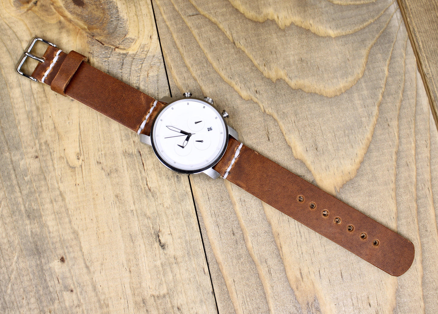 Top View of English Tan Leather Spring Bar Watch Band. Burgundy Leather Watch Band. Spring Bar leather watch strap. handmade leather watch band. Wickett and Craig leather watch band. 3rd anniversary leather gift. leather watch band for men or women.
