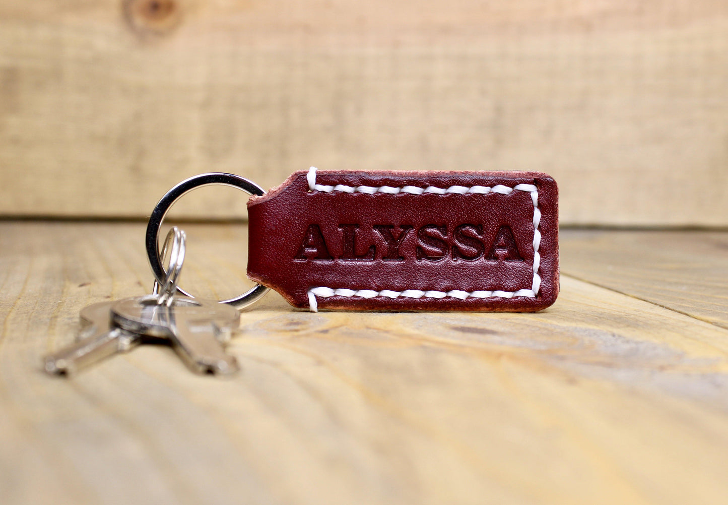 Personalized Burgundy Leather Keychain with Silver Keyring and White Thread
