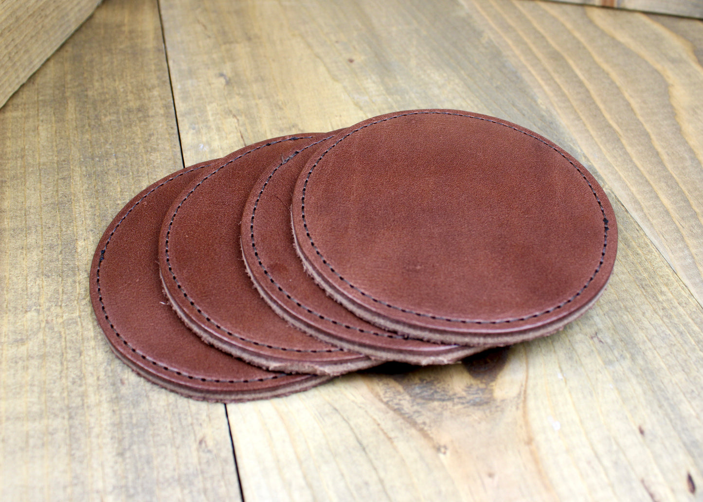 Medium Brown Leather Coasters set of 4. 4 pack coasters. handmade coasters. gift for men. 3rd anniversary gift. leather gift men. coasters handmade. round coasters. personalized coasters.