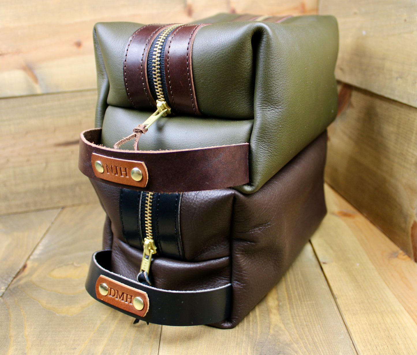 Handmade leather Dopp kit featuring rich, natural leather with detailed hand-stitched seams and a timeless, rugged design—perfect for storing travel toiletries