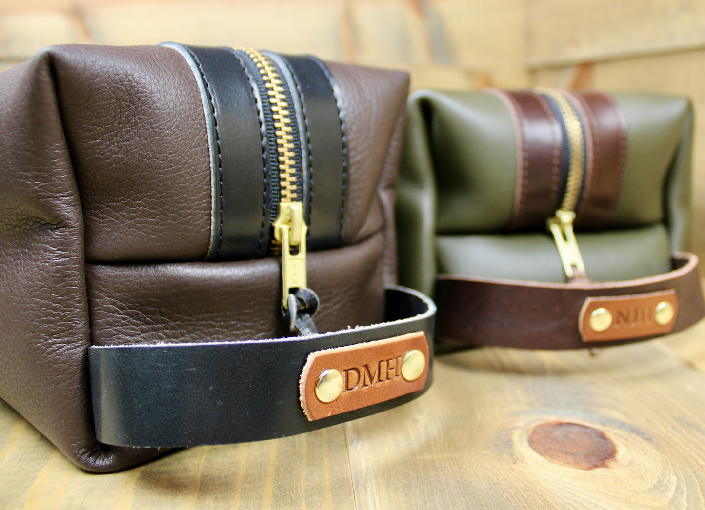 Handcrafted leather Dopp kit with a durable, vintage-inspired design, featuring premium full-grain leather, a sturdy zipper, and a spacious interior for organizing toiletries on the go