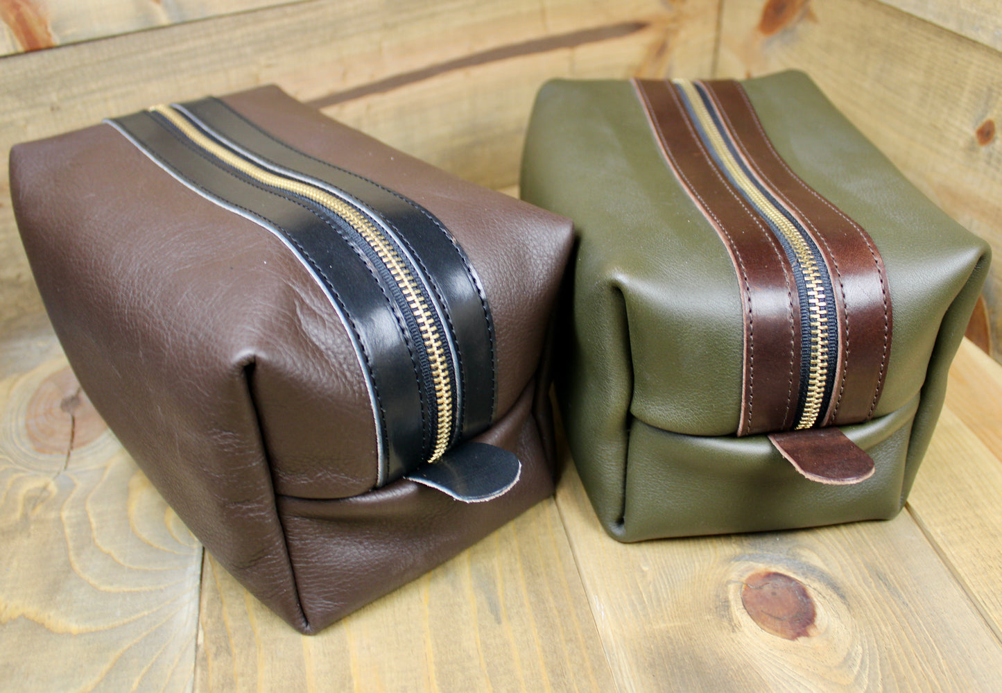 Handmade leather Dopp kit featuring rich, natural leather with detailed hand-stitched seams and a timeless, rugged design—perfect for storing travel toiletries