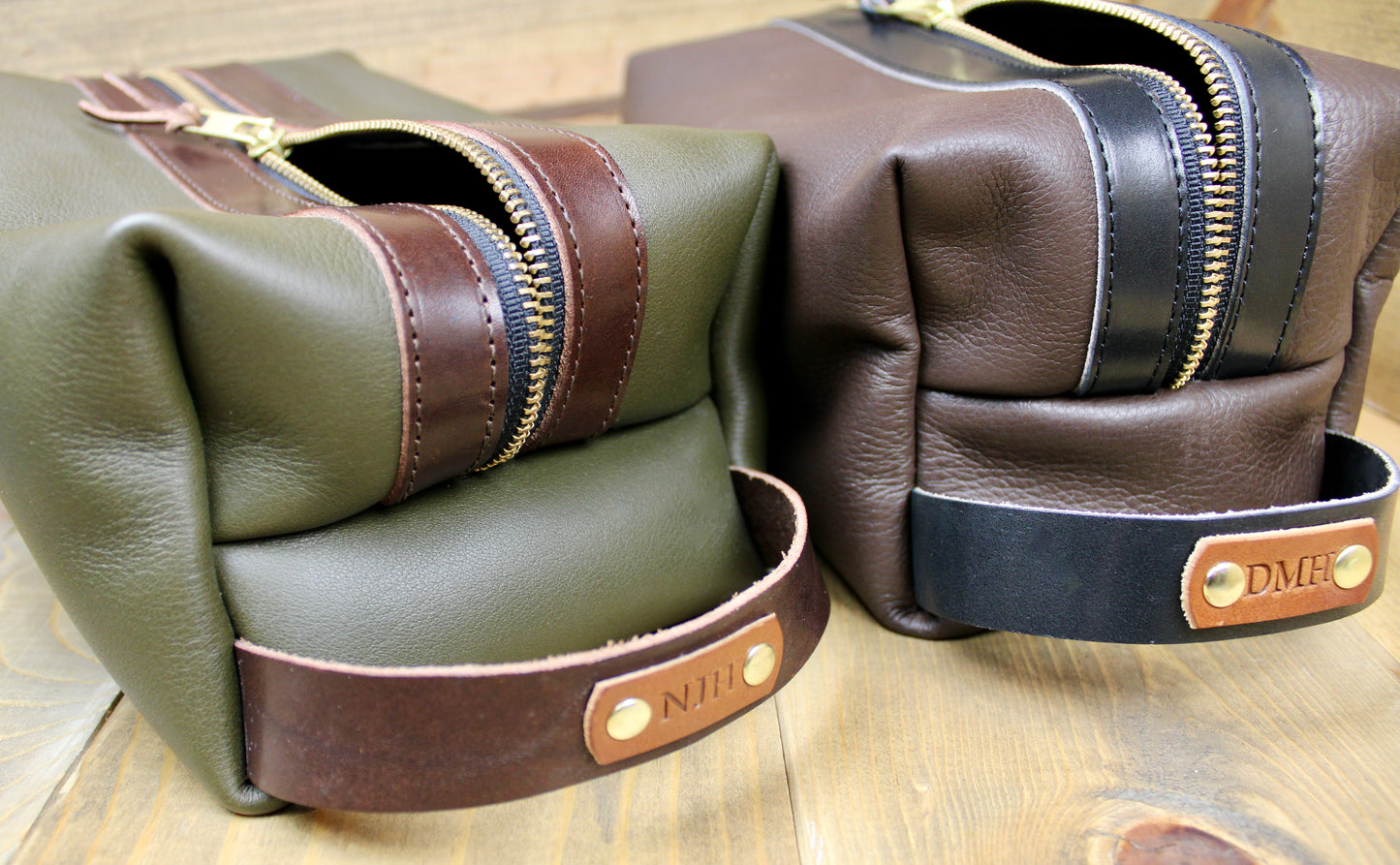 Handmade leather Dopp kit featuring rich, natural leather with detailed hand-stitched seams and a timeless, rugged design—perfect for storing travel toiletries
