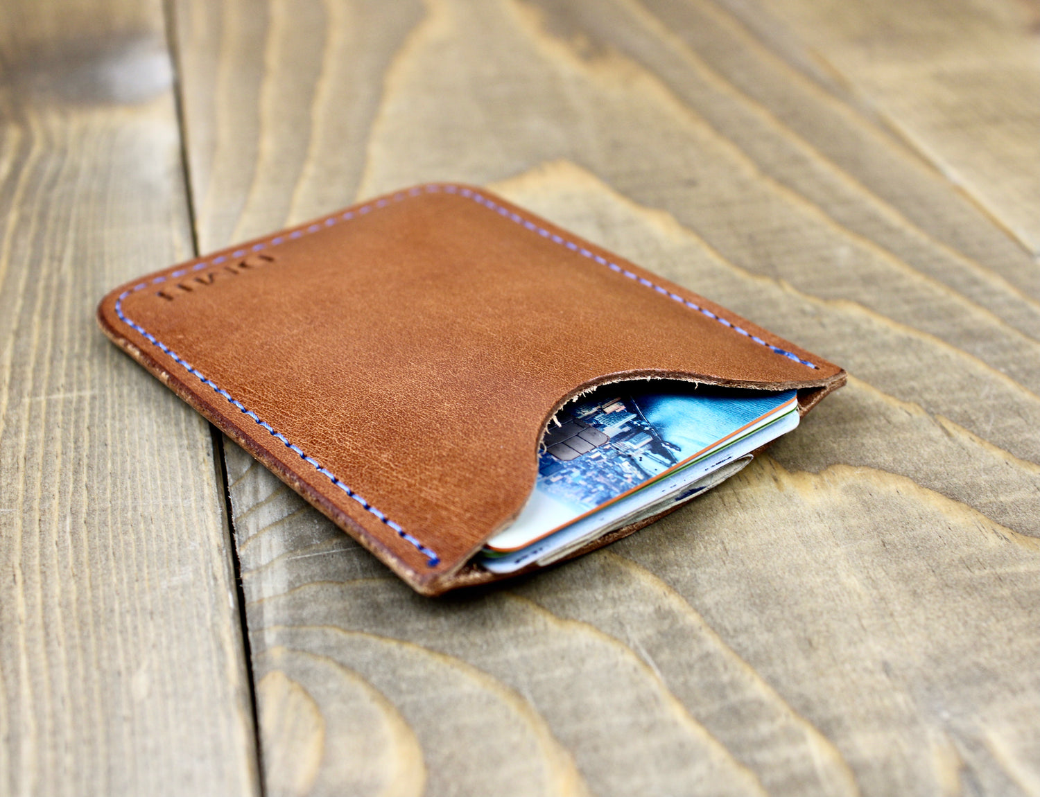 Buck Brown Card Sleeve Wallet with Blue Thread
