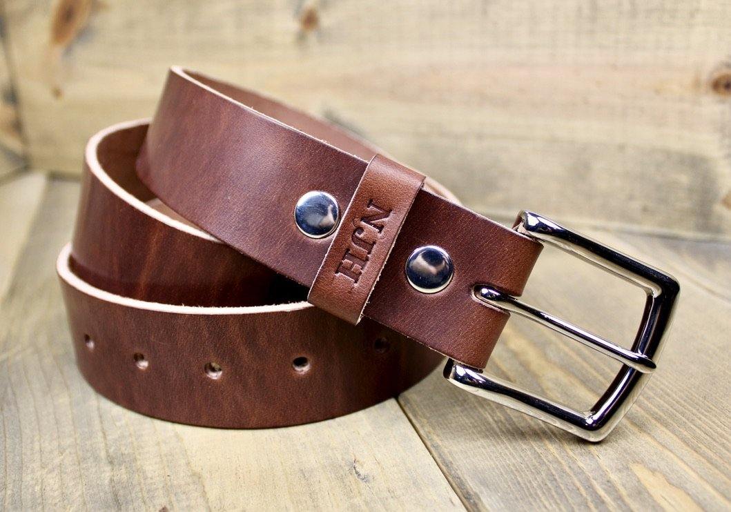 1.5" Medium Brown Leather Belt with Personalization on the belt loop