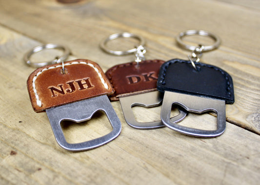 Leather Bottle Opener Keychains made with Buck Brown, Medium Brown or Black Wickett and Craig Leather