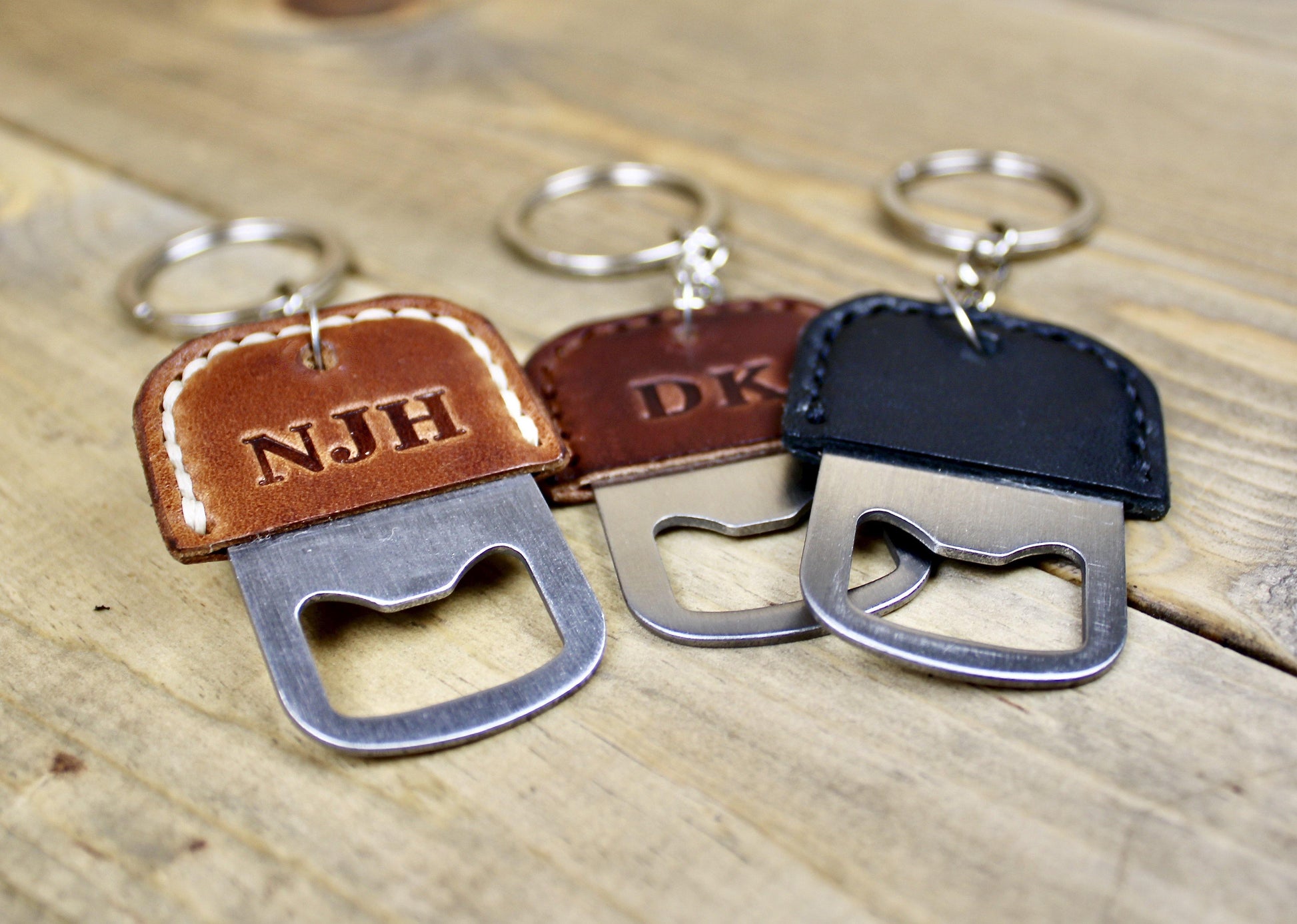 Leather Bottle Opener Keychains made with Buck Brown, Medium Brown or Black Wickett and Craig Leather