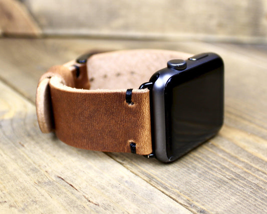 English Tan Leather Apple Watch Band with Black Adapters and Black Thread -  Burgundy Leather Apple Watch Band. Handmade Leather Apple Watch Strap. 38mm, 40mm, 41mm, 42mm. 44mm, 45mm leather Apple Watch band. Leather watch band for women or men. 3rd anniversary leather gift. Leather Accessory for Men. Leather gift for men or women. Leather watch strap for husband.