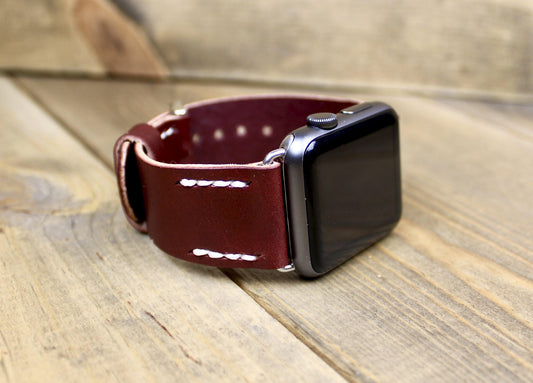 Burgundy Leather Apple Watch Band. Handmade Leather Apple Watch Strap. 38mm, 40mm, 41mm, 42mm. 44mm, 45mm leather Apple Watch band. Leather watch band for women or men. 3rd anniversary leather gift. Leather Accessory for Men. Leather gift for men or women. Leather watch strap for husband.