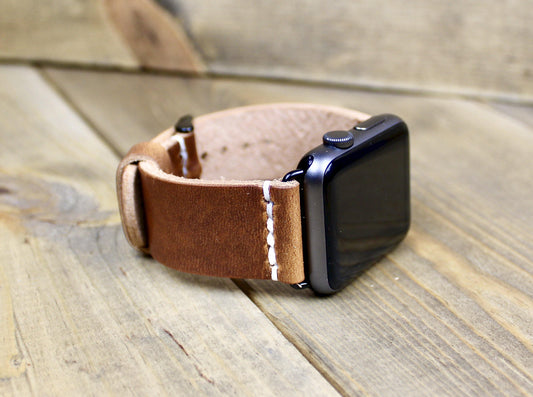 English Tan Leather Apple Watch Band made with Black Adapters and White Thread - Designs By Harubin. Burgundy Leather Apple Watch Band. Handmade Leather Apple Watch Strap. 38mm, 40mm, 41mm, 42mm. 44mm, 45mm leather Apple Watch band. Leather watch band for women or men. 3rd anniversary leather gift. Leather Accessory for Men. Leather gift for men or women. Leather watch strap for husband.