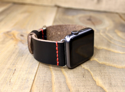 Black Leather Apple Watch Band. Handmade Leather Apple Watch Strap. 38mm, 40mm, 41mm, 42mm. 44mm, 45mm leather Apple Watch band. Leather watch band for women or men. 3rd anniversary leather gift. 