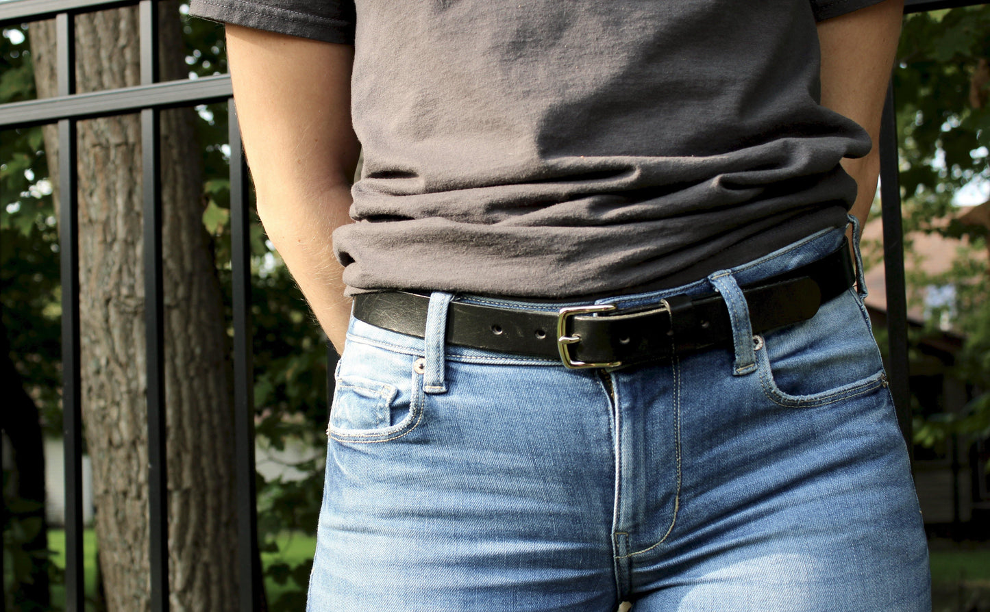 1" Black Leather Belt with Silver buckle