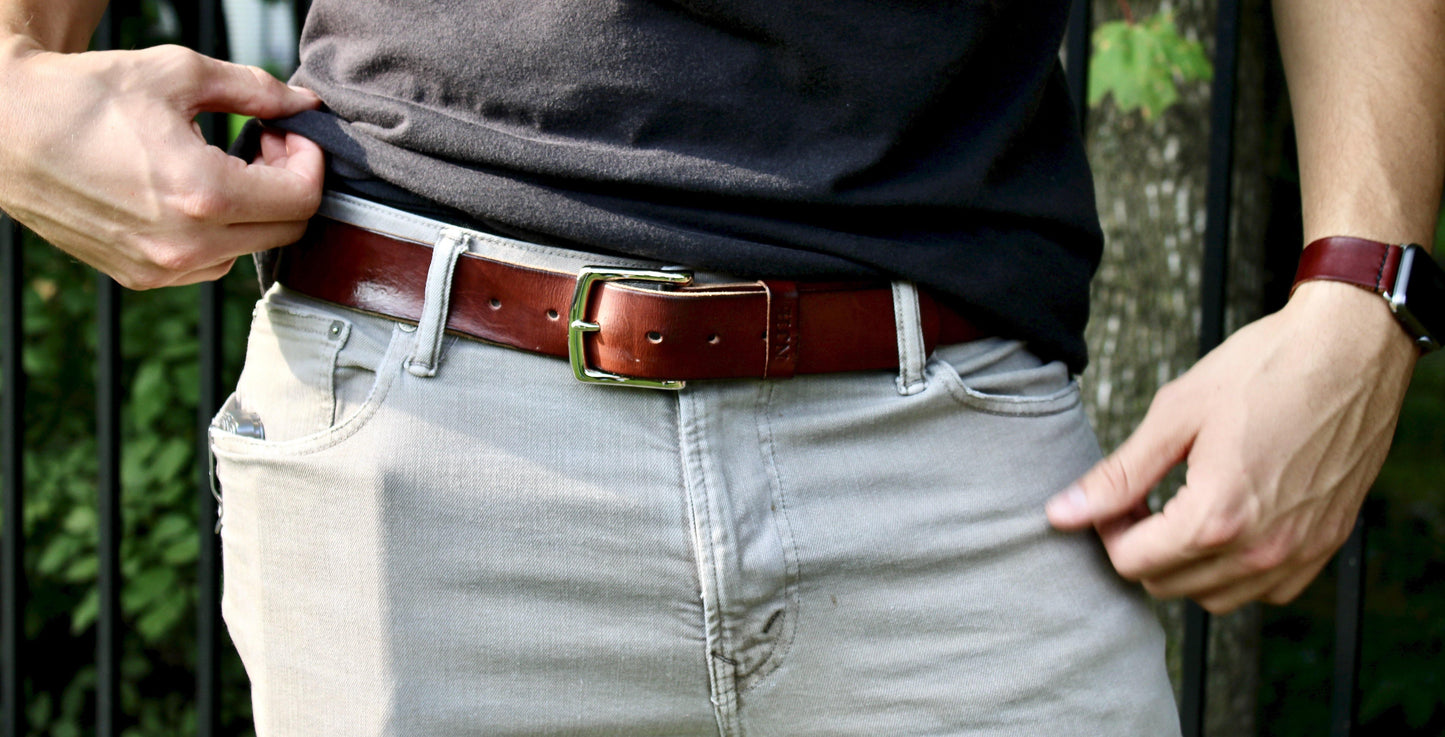 1.5" Medium Brown Leather Belt with Silver Buckle and Personalization 
